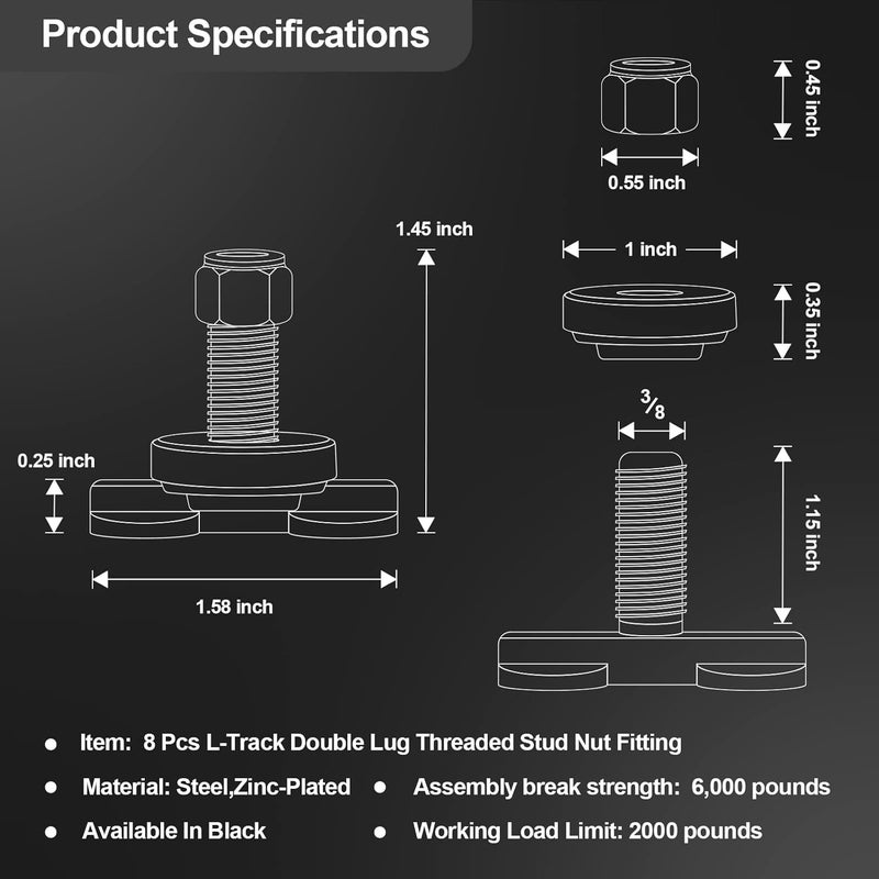 Onesnt 8 Pcs L-Track Double Lug Threaded Stud Nut Fitting Tie Down| Used with L Track Rail for Truck Bed,Trailer Cargo Control,Pickup,RV,ATV,Bearing 6000 LBS Heavy Duty Steel - Image 2